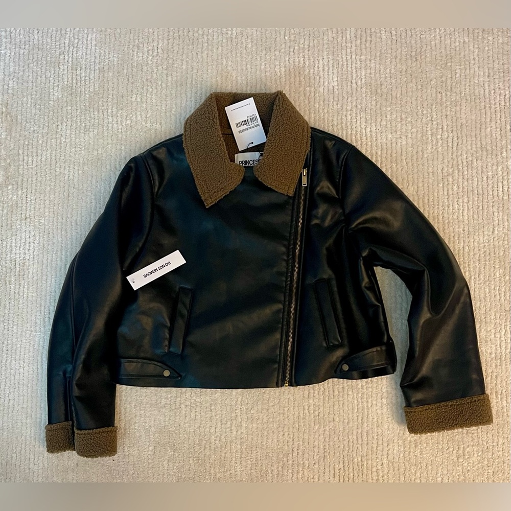 PRINCESS POLLY Women’s Black Faux Leather Jacket w/ Shearling Trim